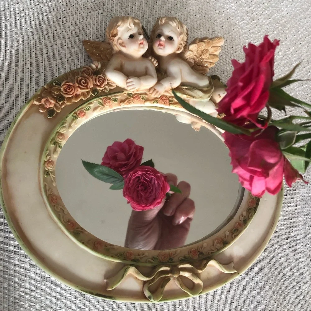 Angel-Themed Wall Mirror with Floral Accents